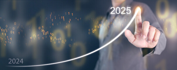 Happy new year 2025. A man draws a rising graph, line, from the end of 2024 rises to the start of 2025. New coming year, journey, of improvement and success. - obrazy, fototapety, plakaty