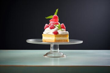 half of raspberry cheesecake on a stand with fresh cream