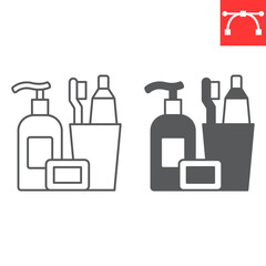 Toiletries line and glyph icon, grocery store and hygiene kit , toothbrush with toothpaste and bottle of soap vector icon, vector graphics, editable stroke outline sign, eps 10.