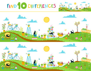 Garden vertical landscape panorama. Kid's game - find ten differences. Spring illustration in hand drawn doodle style with flowers, work tools, garden gnomes and black cats.