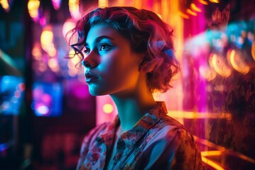 Young woman on neon multicolored background. Female model in vibrant lights ambiance. Generate ai