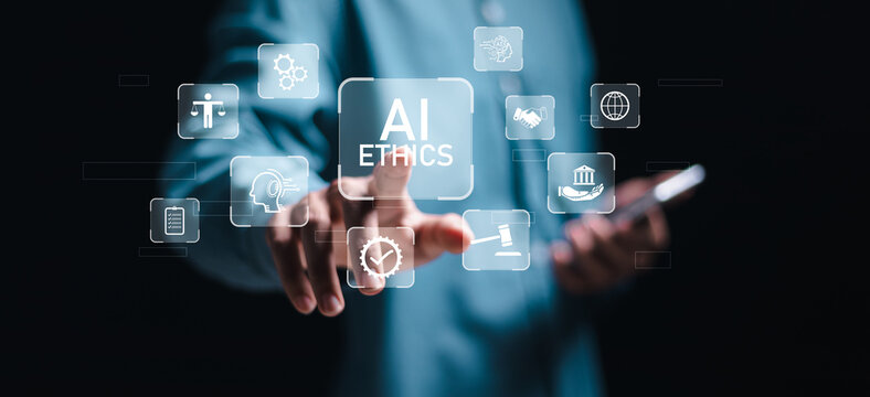 AI ethics or AI law concept. Businessman touching virtual ai ethics icon for compliance, regulation, standard , business policy and responsibility.
