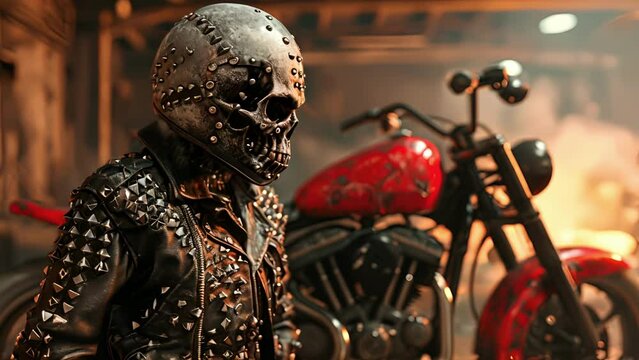 Road Warrior A rugged and biker with a leather jacket covered in metal studs, a menacing skull motorcycle helmet, and a fierce red chopper bike in the background.