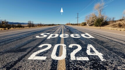 New Year 2024 concept, the beginning of success. The text "2024" and "speed" written on the asphalt road and the clear horizon symbolize a serene start and cooperation.