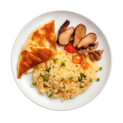 fried rice with sliced chicken and omelet