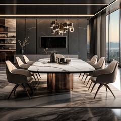 Modern living room designed as a combination of light wood and dark finishes.3D interior render.