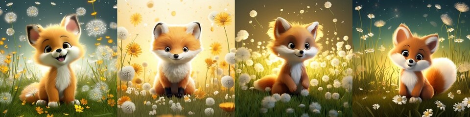 an endearing 3d cartoon scene featuring a glossy baby fox