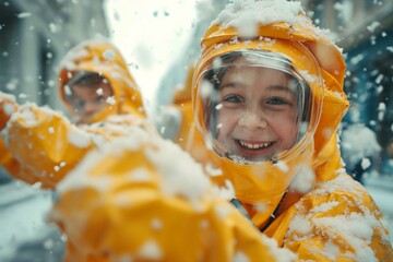  Happy children in hazmat suits playing snowballs on the streets of the city with air pollution