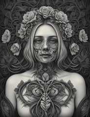 Surreal portraits,flower style, monochrome,lith printing