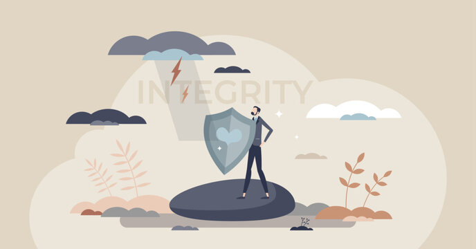 Integrity in business with company moral values strength tiny person concept. Successful businessman with reliable principles and strong standards vector illustration. Defense shield protection.