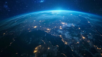 Obraz premium Top view of a night planet with glowing city lights. 