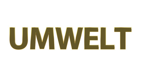 Umwelt - goldene plakative 3D-Schrift, Klimawandel, Recycling, Nachhaltigkeit, Natur, Naturschutz, Umweltverschmutzung, Greenwashing, Abfall, Renderin, Freisteller
