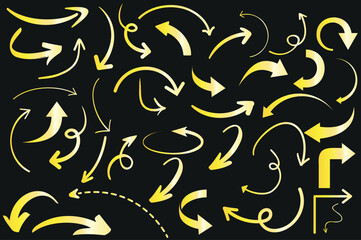 Dynamic yellow curved arrows on a dark background, arrow indicating motion and direction. Ideal for visual projects, presentations, and graphic design elements