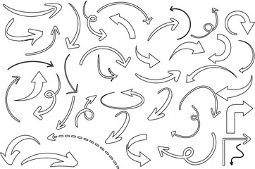 Black curved arrows, vector set. Editable stroke, customizable icons. Directional signs for web design, UI, apps. Diverse styles, solid and dashed lines, on white background