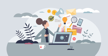 Digital marketing course and e-learning online skills tiny person concept. Use internet for social media and professional blogging strategies vector illustration. Seminar about commercial and ads.