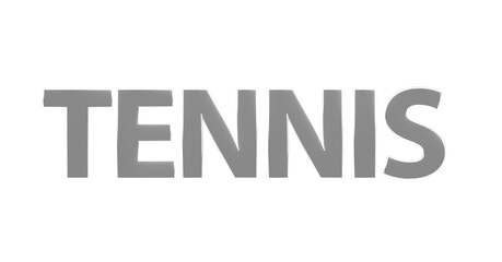 Tennis - silberne plakative 3D-Schrift, Sport, Tennisplatz, Aufschlag, Vorhand, Rückhand, Equipment, Training, Technik, Tennistraining, Doppelstrategie, Platzierung, Freisteller Renderi