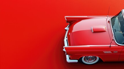 Close-up of part of a luxury red retro car on a red background, copy space.