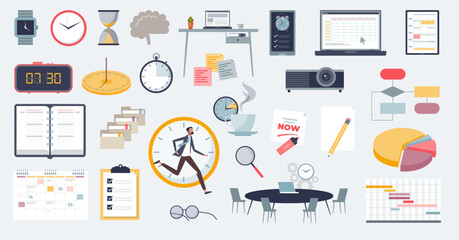 Time management objects and daily schedule planning tiny person concept. Deadline elements for appointment organization and meetings vector illustration. Urgent work reminders and calendar items.