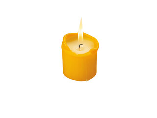 Yellow burning candle with bright flame isolated transparent png. Christmas holiday lights. Decorative colorful home illumination.
Translucent melting wax and black wick.