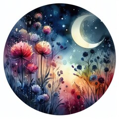 Nocturnal Watercolor Landscape: Abstract Night with Plants and Clover
