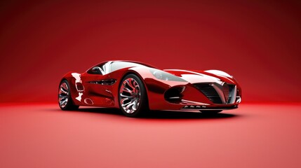 The concept of a modern, expensive sports car with chrome wheels, shiny body and hood. Red gradient...