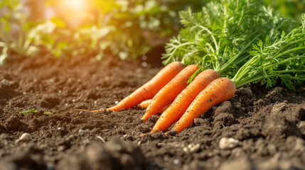 Bunch of organic dirty carrot in garden on soil ground. Carrots fresh harvest