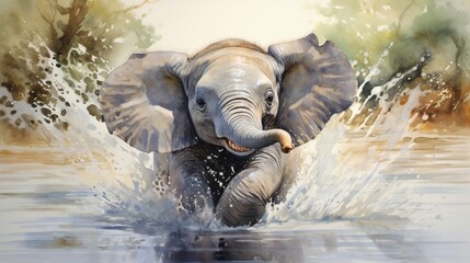 A lifelike depiction of a playfu lbaby elephant in paiting style - Generative AI