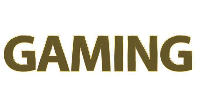 Gaming - plakative goldene 3D-Schrift,  Computerspiele, Online-Gaming, E-Sport, Gaming-Community, PC-Spiele, Konsolenspiele, Virtual Reality, Spielsucht, Multiplayer, Rendering, Freisteller, Alphakana