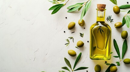 Extra Virgin Olive Oil in a Glass Bottle with Fresh Olives and Green Leaves on a Textured Background. - obrazy, fototapety, plakaty