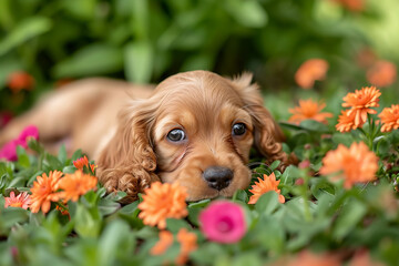 American cocker spaniel puppy very cute eyes with flowers 