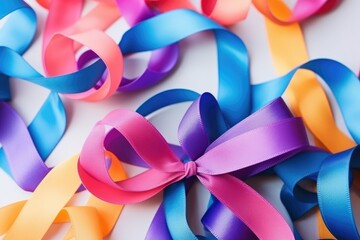 Colorful ribbons. World Cancer Day. National Cancer Survivors Day. World Autism Awareness Day.
