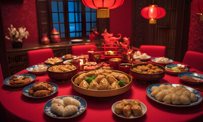 Naklejka premium Feast for the new year: sumptuous spread of Chinese cuisine, Chinese New Year concept AI illustration