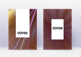 Hipster cover design template set. Gold abstract lines on maroon background. Charming cover design. Immaculate catalog, poster, book template etc.