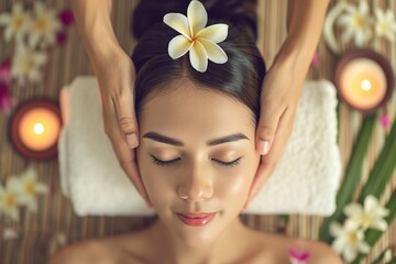 hands in a spa massaging the head of a thai beauty woman