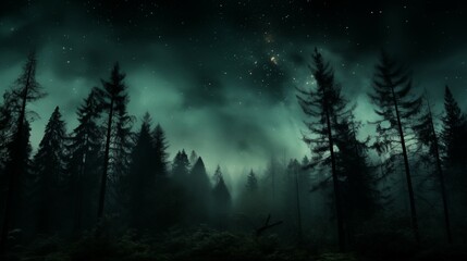 Fototapeta na wymiar Foggy Night Forest with Stars and Northern Lights