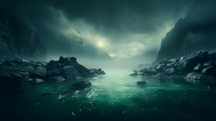 Mystical Foggy Landscape with Serene Ocean and Rocky Shore