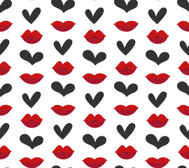 Valentine Day Seamless Pattern with Different Hearts and Lips. Love Holiday Background with Cute Hearts and Lipstick Kisses Repeat.