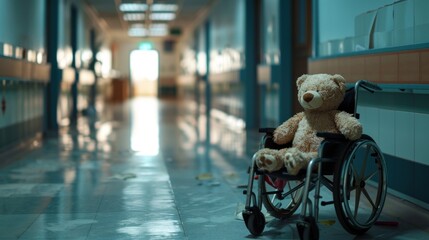 Wheelchair with a large toy bear in the waiting area of a clinic for sick children with copy space. Treatment and health concept - obrazy, fototapety, plakaty