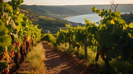 Naklejka premium A vineyard trail, with rolling hills of grapevines as the background, during a warm summer evening