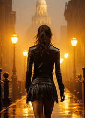 Mysterious Woman Walking Down Urban Street at Sunset with Dramatic Lighting and Cityscape Background