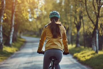 Obraz premium Young woman riding a bike in city park. Healthy lifestyle.