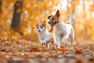 Dog breed Jack Russell Terrier playing in autumn park 