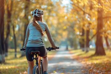 Young woman riding a bike in city park. Healthy lifestyle.
