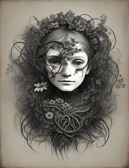 Surreal portraits,flower style, monochrome,lith printing