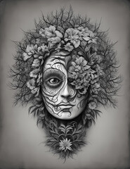 Surreal portraits,flower style, monochrome,lith printing