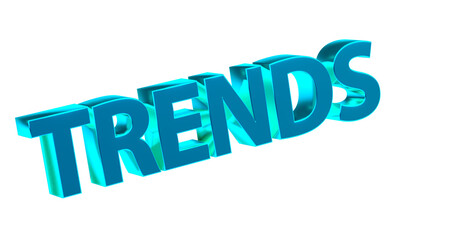 Trends - hellblaue plakative 3D-Schrift, Innovation, Modern, Aktuell, Entwicklung, Forschung, Mode, Technologie, Rendering, gerendert, Freisteller, Alphakanal
