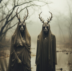 Mystical Forest Spirits with Antler Masks in a Foggy Landscape Evoking Eerie Tranquility