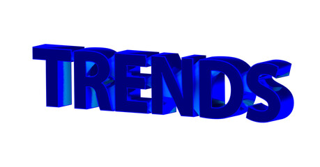 Trends - blaue plakative 3D-Schrift, Innovation, Modern, Aktuell, Entwicklung, Forschung, Mode, Technologie, Rendering, gerendert, Freisteller, Alphakanal
