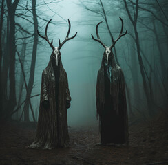 Mystical Forest Spirits with Antler Masks in a Foggy Landscape Evoking Eerie Tranquility