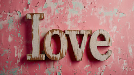Wooden word 'love' lying in front of an old pink wall. Minimal Valentine background. Love and women's day greeting card	